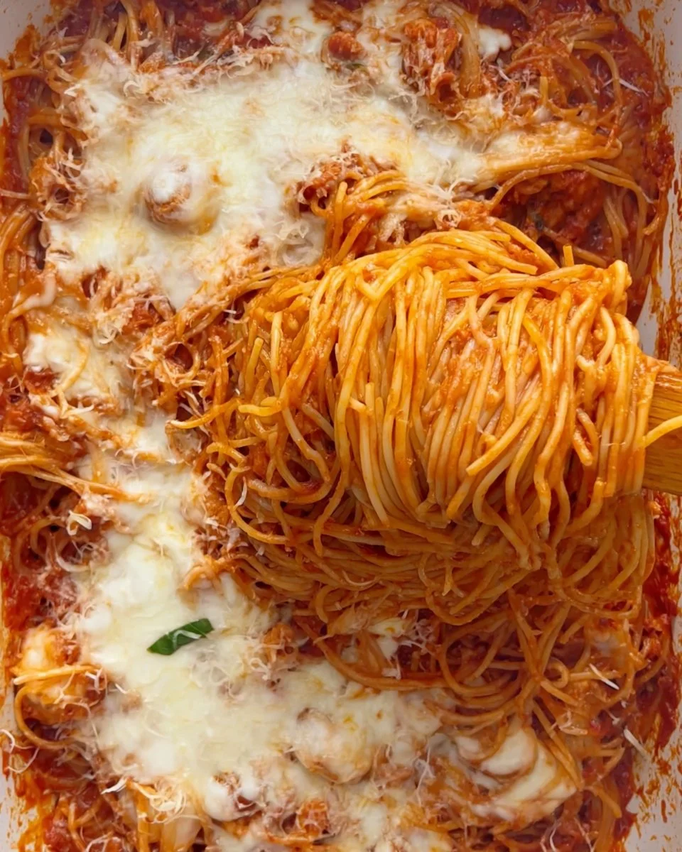 Delicious oven-baked spaghetti served with cheese and herbs in a baking dish.