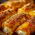 Crispy oven fried feta rolls drizzled with chili honey on a serving platter