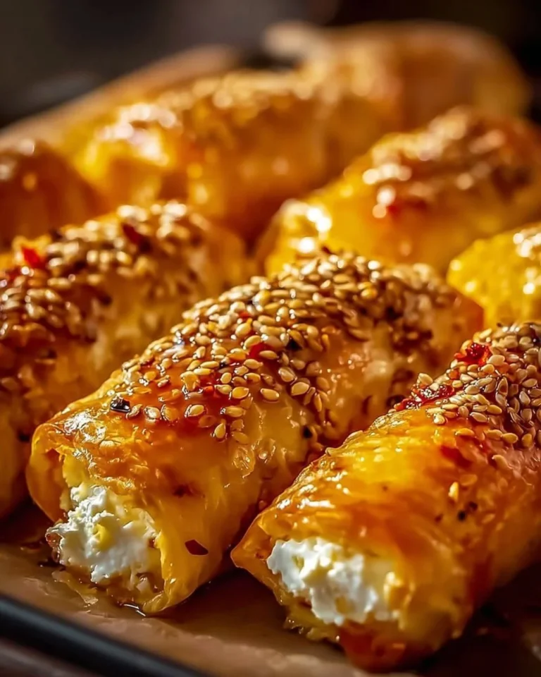 Crispy oven fried feta rolls drizzled with chili honey on a serving platter