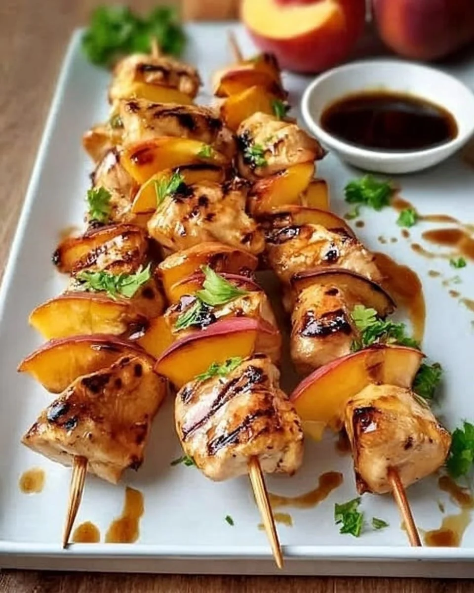 Delicious Peach Chicken Skewers garnished with fresh herbs