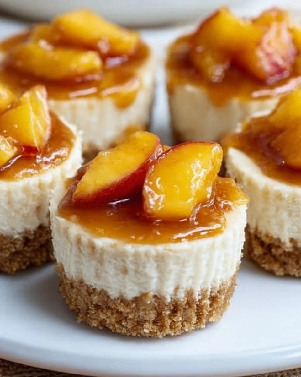 Peach Cobbler Mini Cheesecakes topped with fresh peaches and crumbly crust