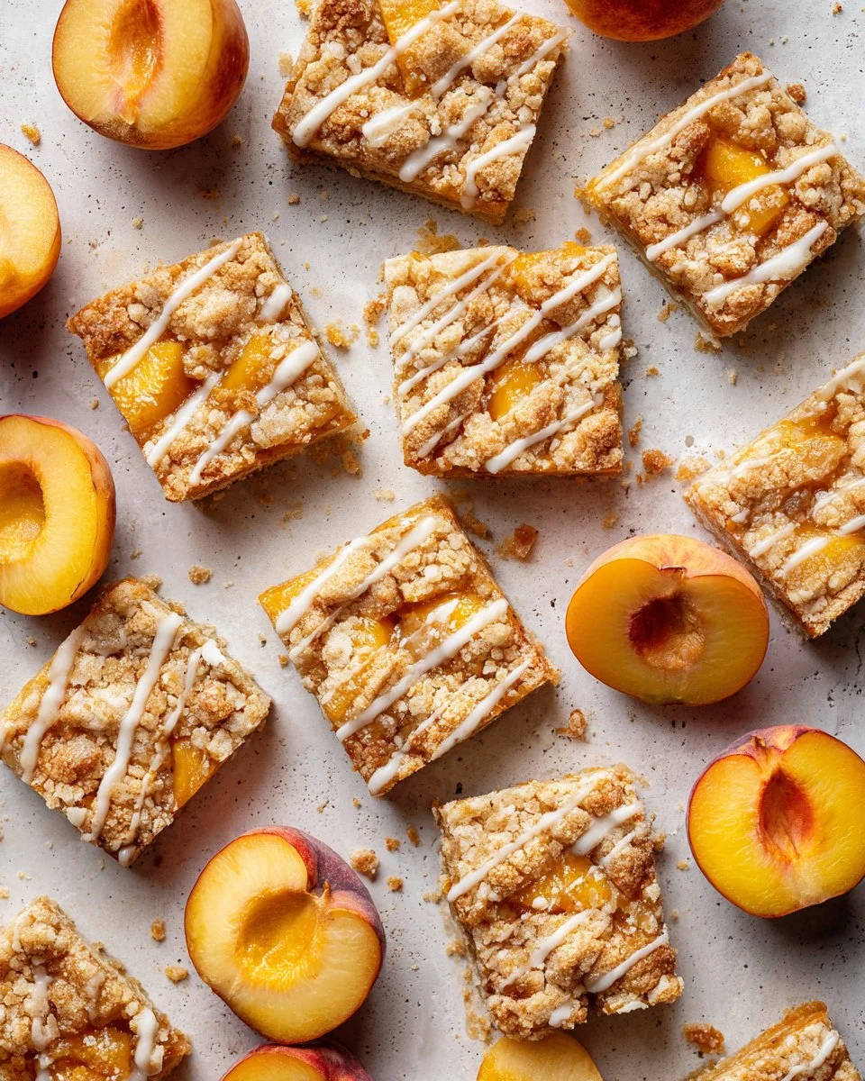 Homemade peach crumb bars with a golden crumb topping and fresh peach filling