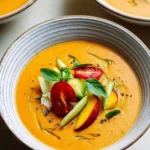 A bowl of refreshing Peach Gazpacho Soup garnished with fresh herbs