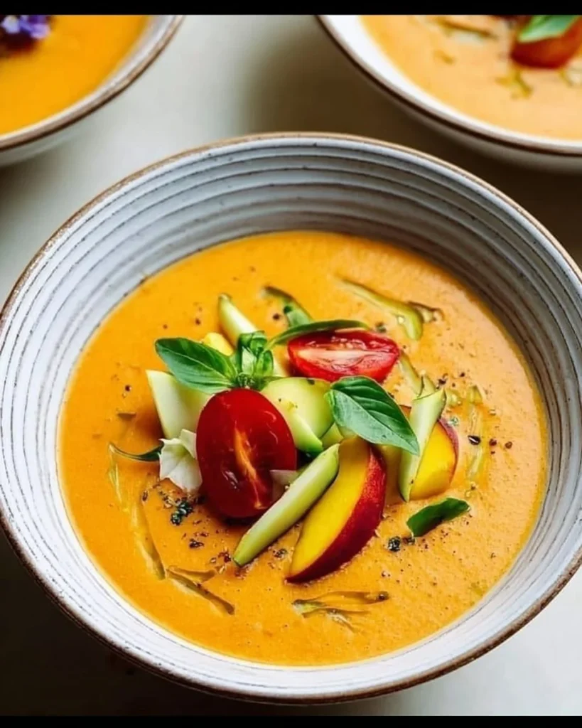 A bowl of refreshing Peach Gazpacho Soup garnished with fresh herbs