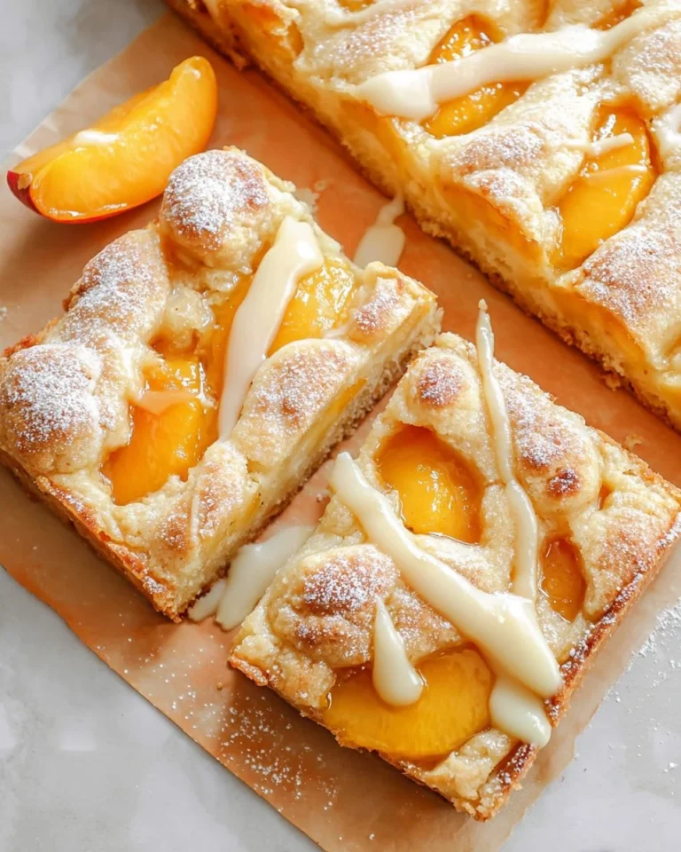 Delicious peach pie bars fresh out of the oven, sliced and ready to serve.