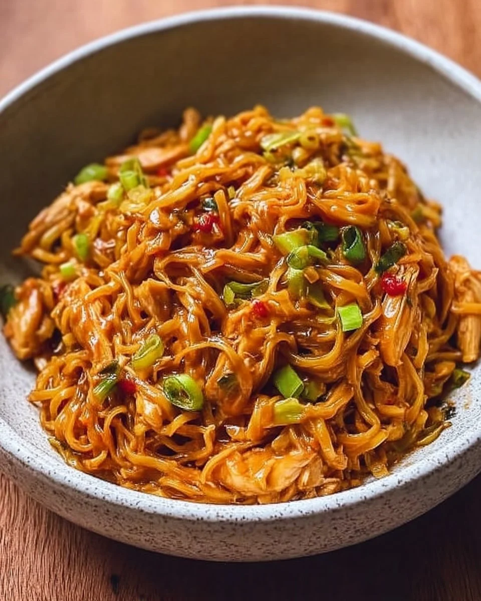 Plate of Peanut Chilli Noodles with Chicken garnished with fresh herbs