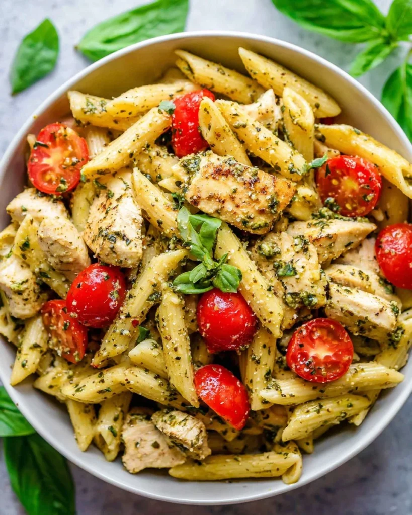 Pesto Parmesan Chicken served with pasta on a wooden table