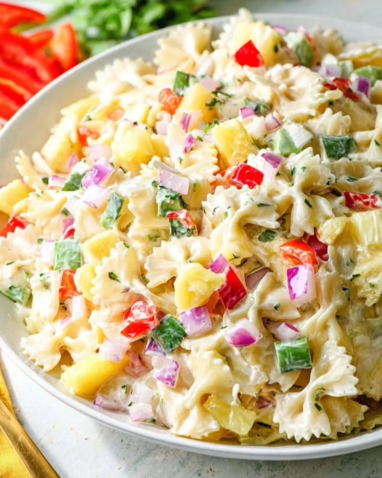 Pineapple Salsa Pasta Salad in a colorful bowl with fresh ingredients