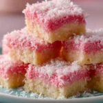 Pink Coconut Snowball Cake Bars topped with coconut flakes and pink frosting.