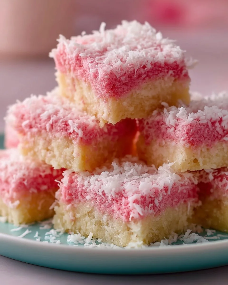 Pink Coconut Snowball Cake Bars topped with coconut flakes and pink frosting.