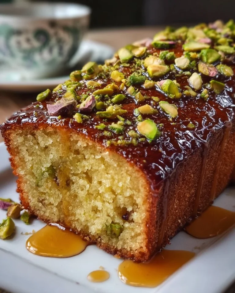 Delicious slice of Pistachio Yogurt Cake topped with chopped nuts.
