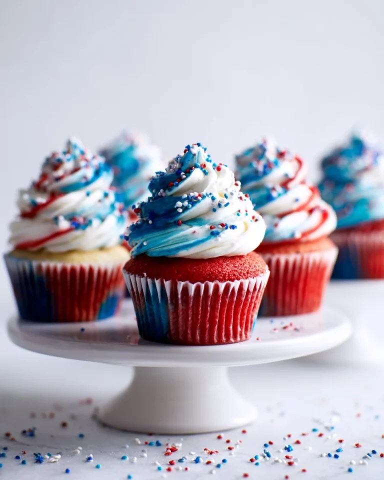 Red, White and Blue swirl cupcakes decorated for a festive celebration