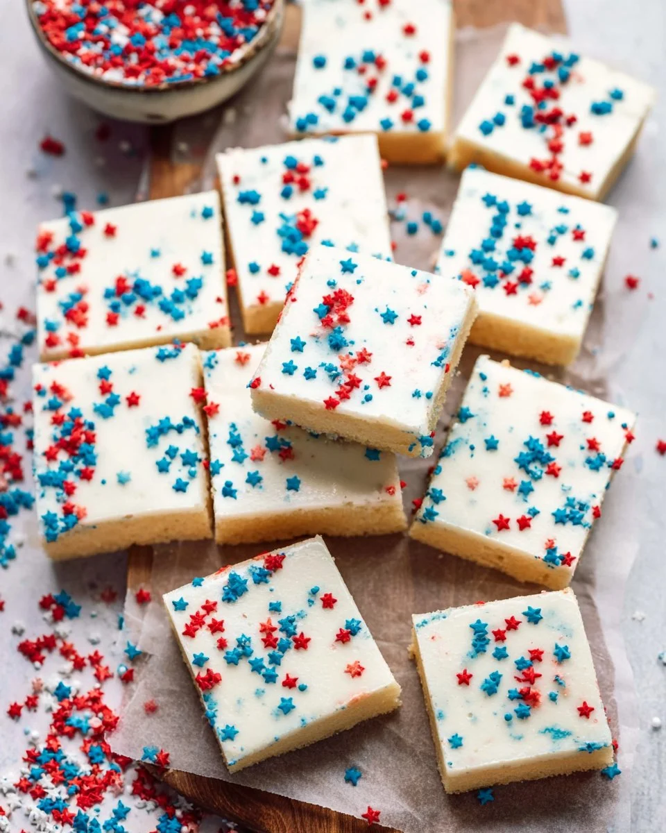 Delicious red white and blue sugar cookie bars with patriotic colors.