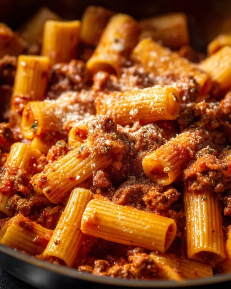 Delicious plate of Rigatoni Bolognese topped with fresh herbs and parmesan cheese.