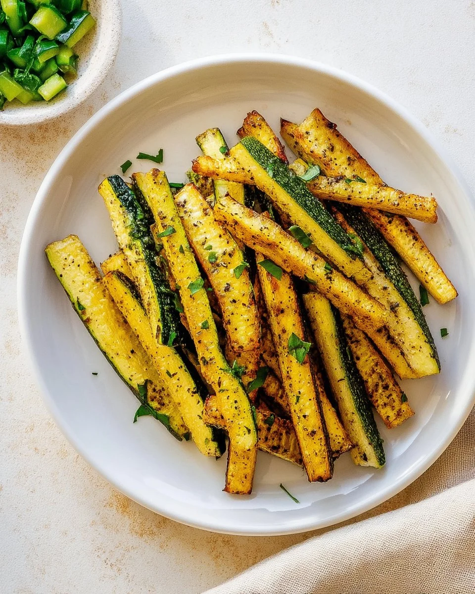 Plate of roasted zucchini garnished with herbs and spices