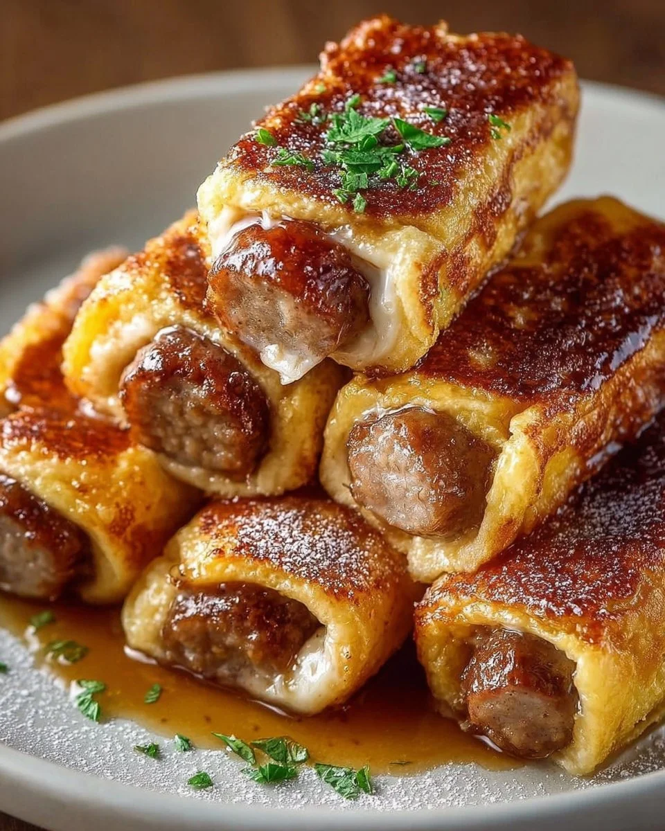 Sausage French Toast Roll-Ups with syrup and fruit on a plate