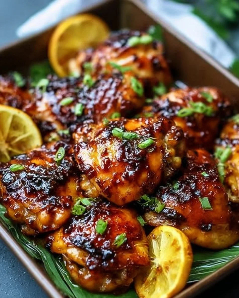 Savory baked Huli Huli Chicken served on a plate with fresh pineapple slices