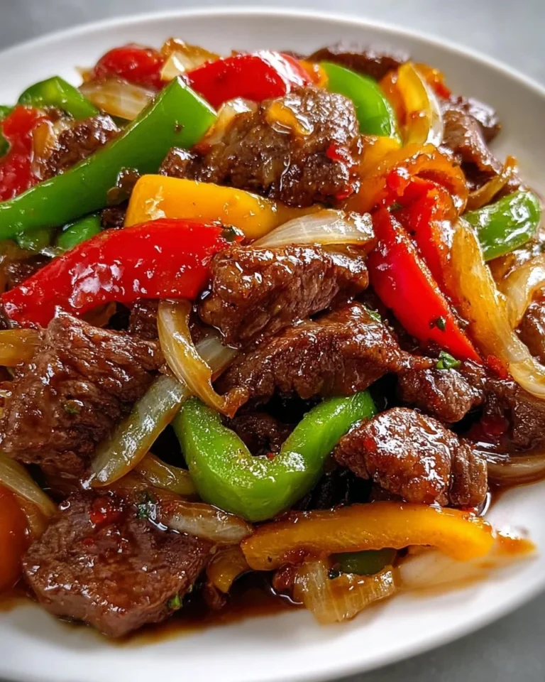 Savory pepper steak with colorful bell peppers and onions on a plate