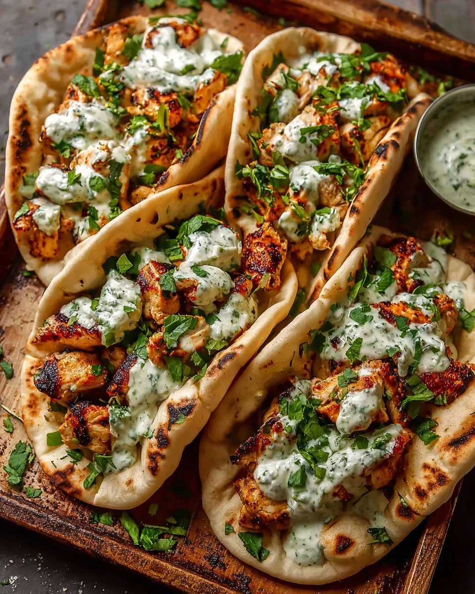 Delicious Sheet Pan Chicken Pitas ready for serving on a wood table