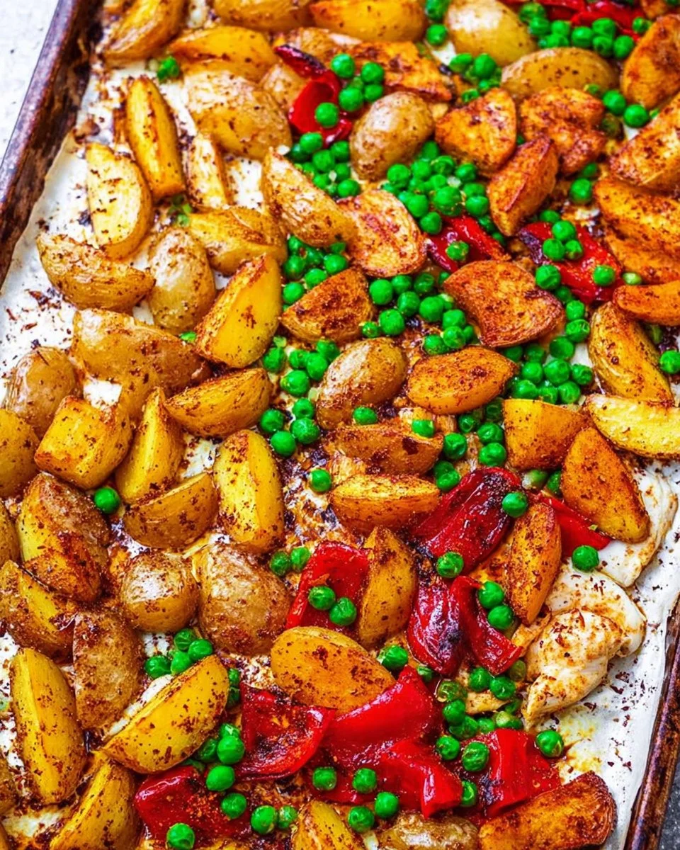 Sheet pan curry chicken with colorful vegetables ready to be served