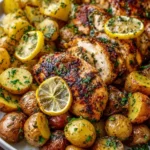 Sheet Pan Lemon Balsamic Chicken with potatoes on a baking tray