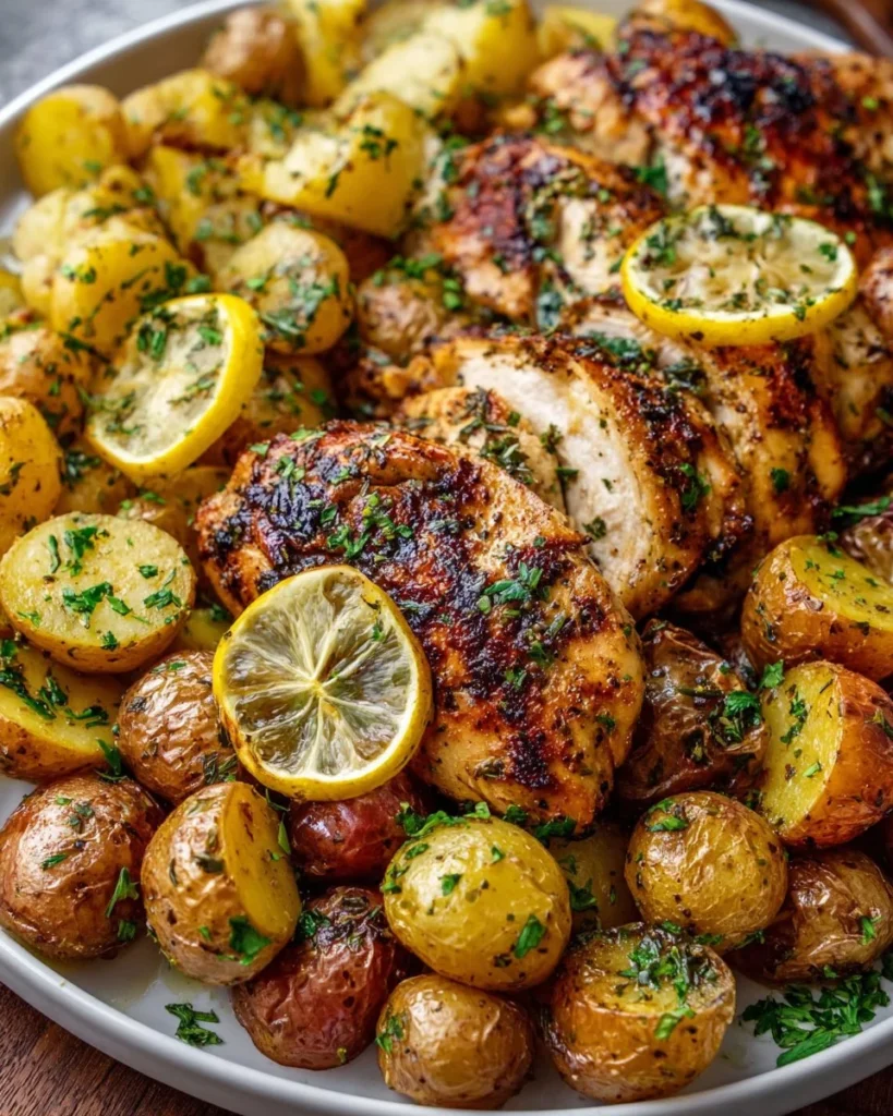 Sheet Pan Lemon Balsamic Chicken with potatoes on a baking tray