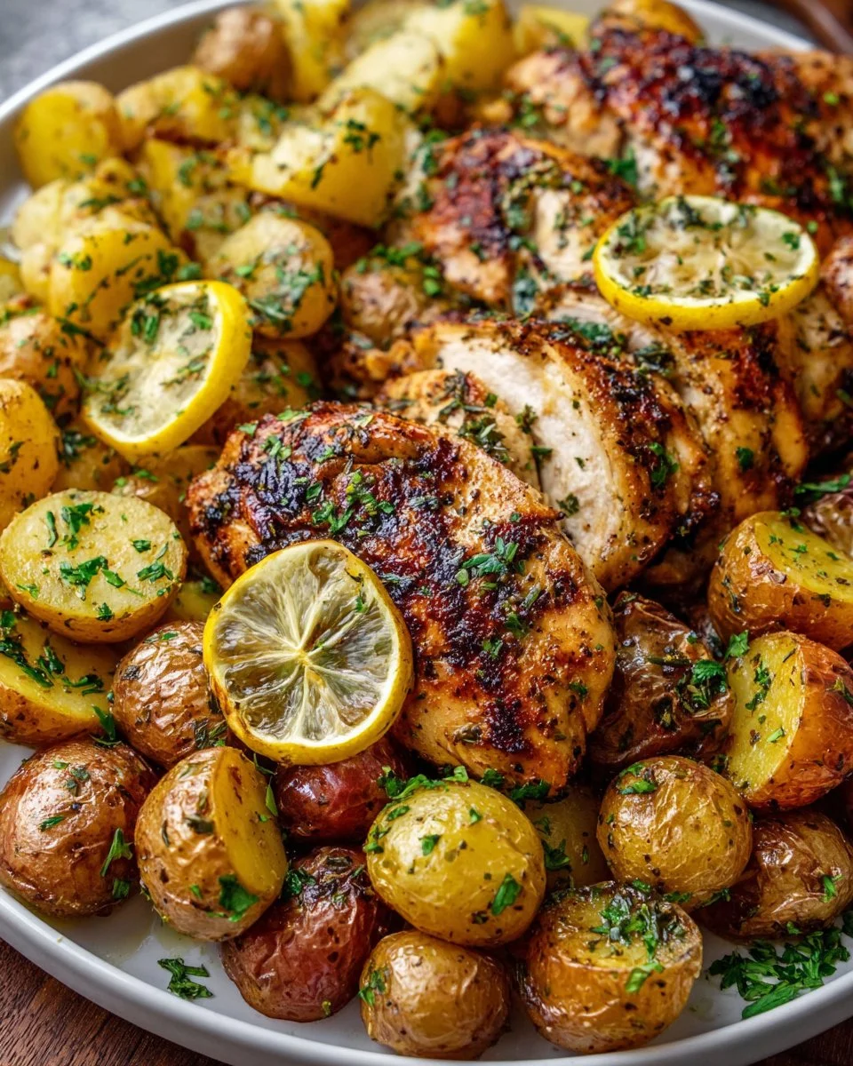 Sheet Pan Lemon Balsamic Chicken with potatoes on a baking tray