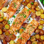 Sheet pan Lemon Dijon Salmon with roasted potatoes and fresh herbs