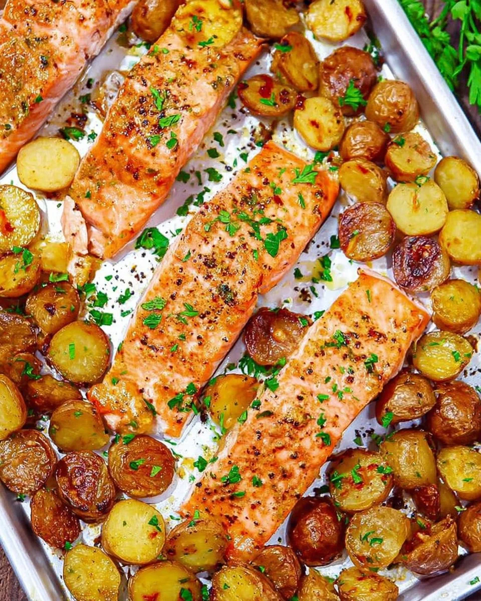 Sheet pan Lemon Dijon Salmon with roasted potatoes and fresh herbs