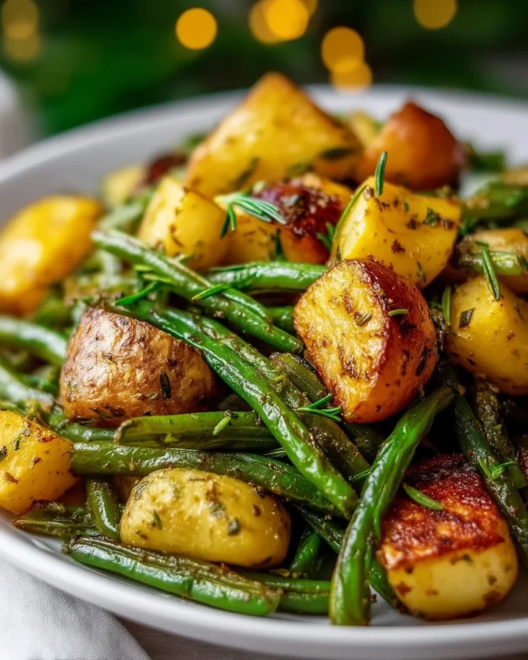 Sheet pan of oven roasted green beans and potatoes, a healthy side dish.