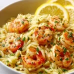 Delicious Shrimp Orzo with Lemon Garlic Sauce served in a bowl