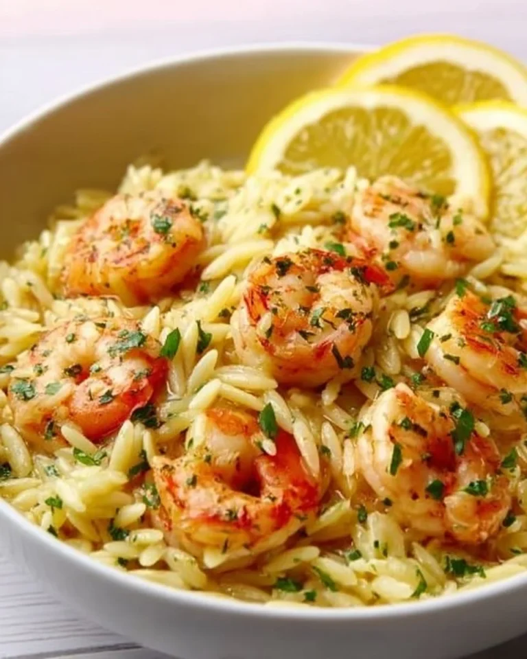 Delicious Shrimp Orzo with Lemon Garlic Sauce served in a bowl