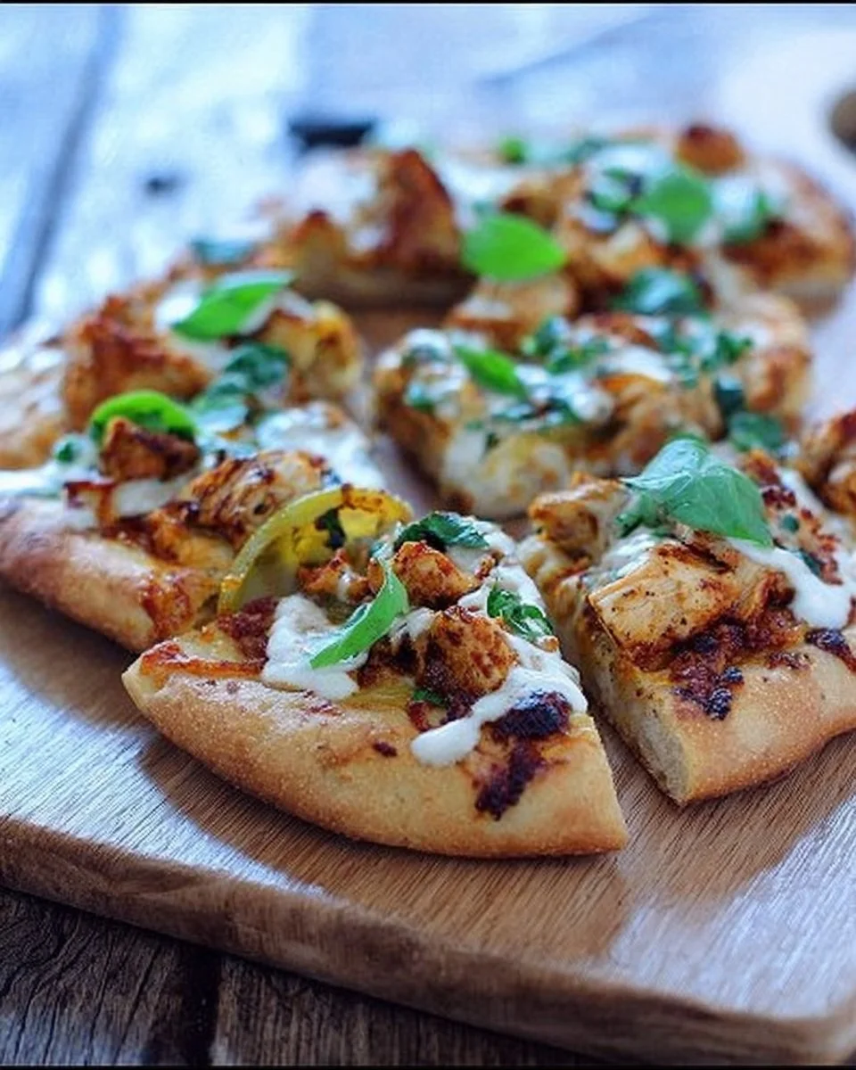Simple Tandoori Chicken Naan Pizza topped with fresh ingredients and spices