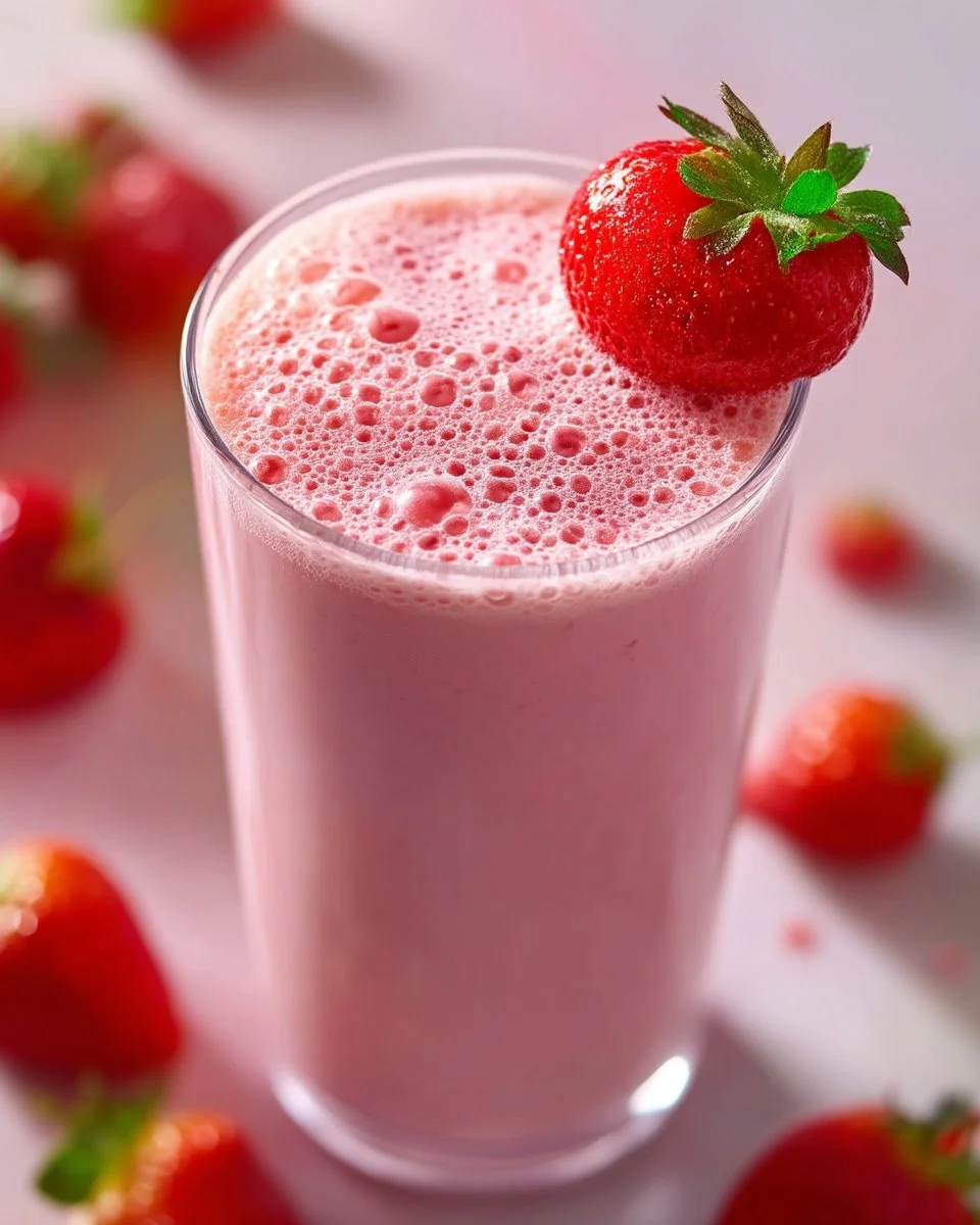 Skinny Mini Strawberry Milkshakes in a glass topped with whipped cream and strawberries