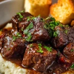 Slow Cooker Beef Manhattan dish served on a plate with mashed potatoes and gravy.