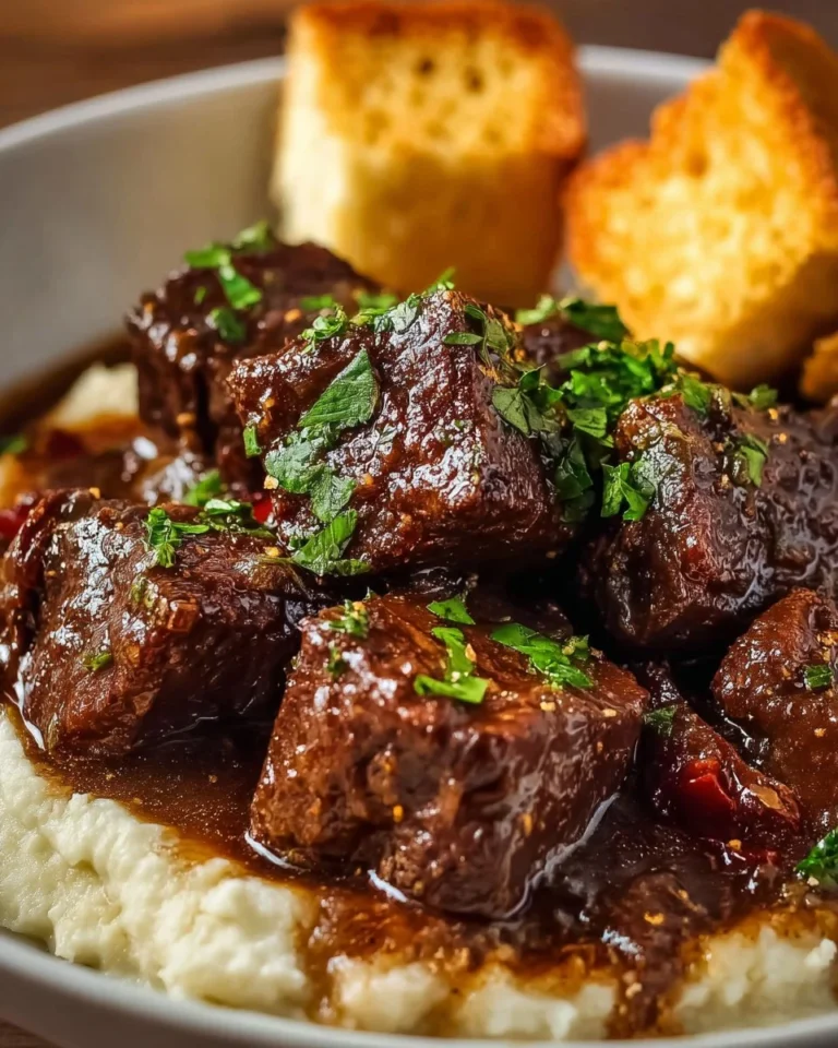 Slow Cooker Beef Manhattan dish served on a plate with mashed potatoes and gravy.