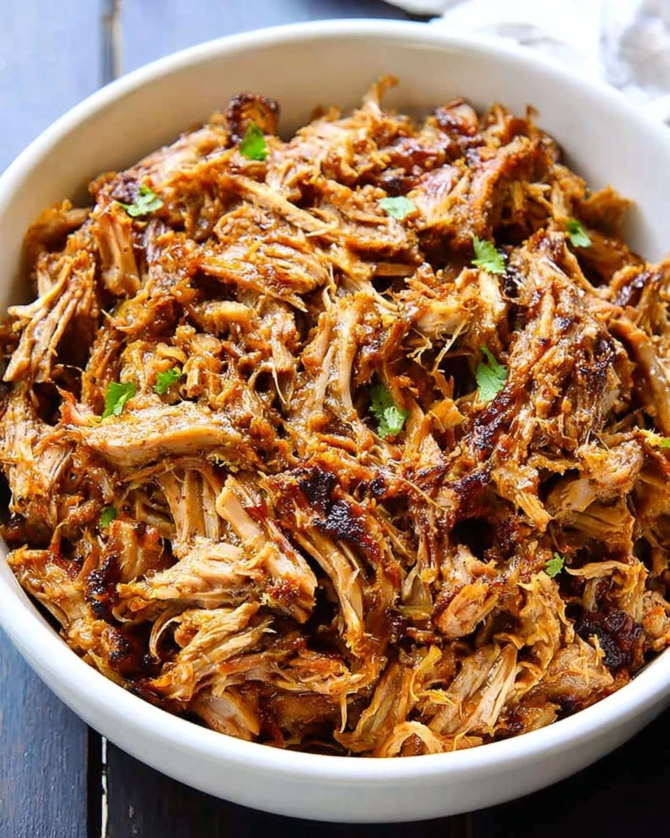 Slow cooker carnitas cooking with spices and ingredients.