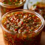 Smoky red chimichurri sauce drizzled over grilled meat