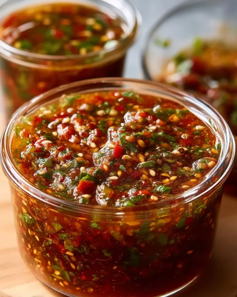 Smoky red chimichurri sauce drizzled over grilled meat