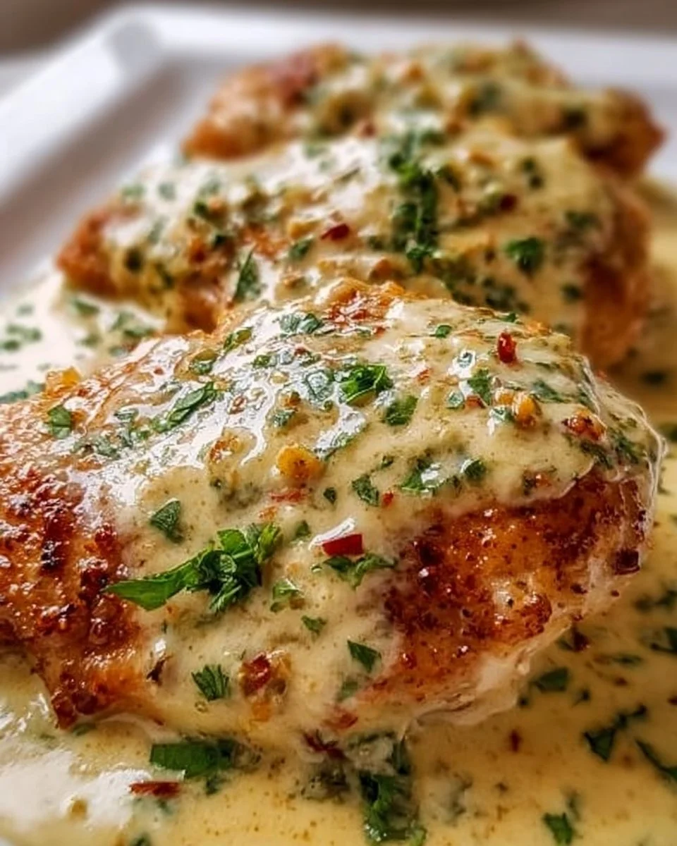 Smothered cheesy sour cream chicken served on a plate with garnishes