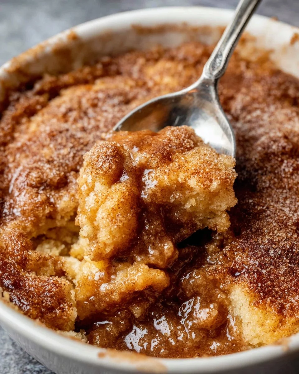 Delicious snickerdoodle cobbler served warm with a scoop of vanilla ice cream.