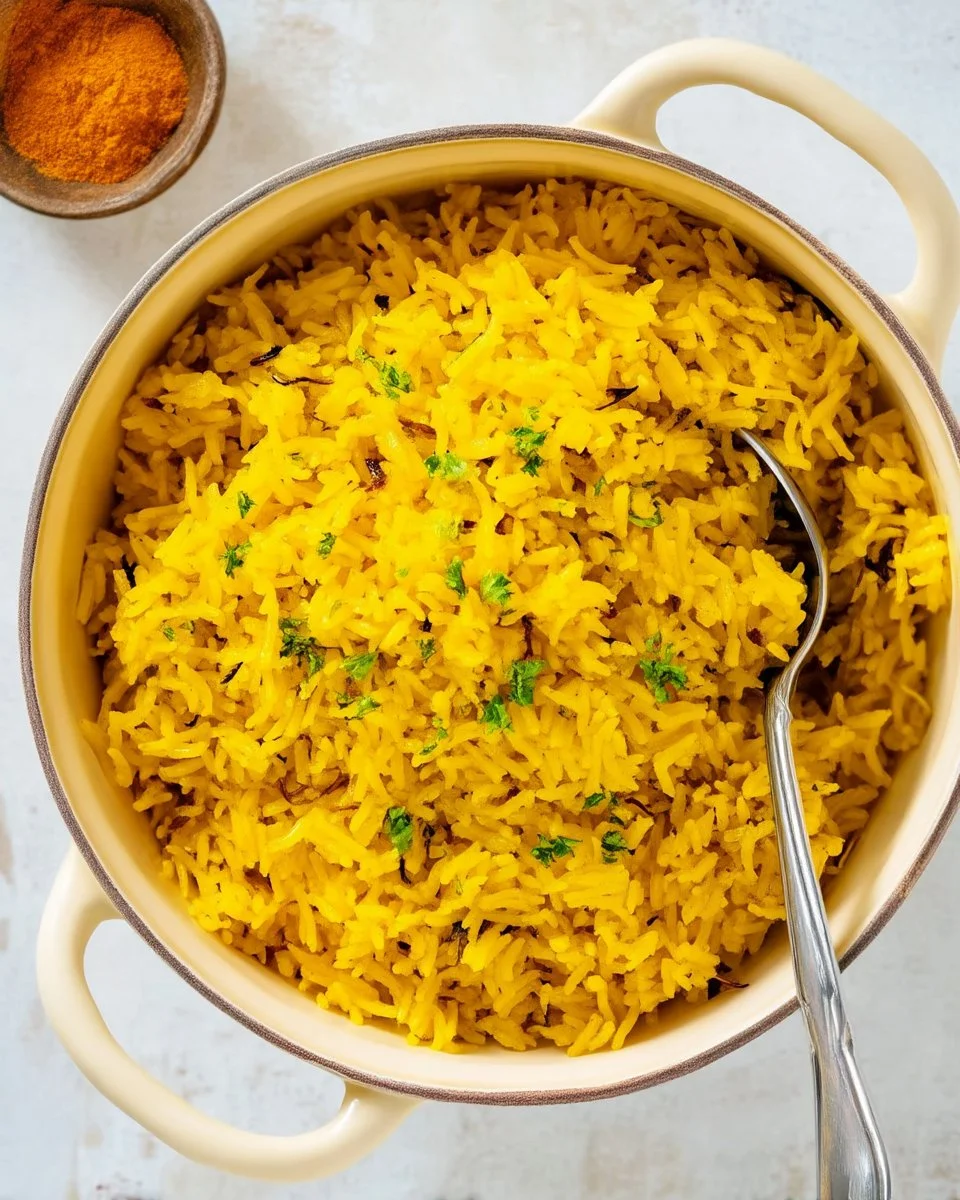 A bowl of soft and fluffy turmeric rice garnished with fresh herbs.