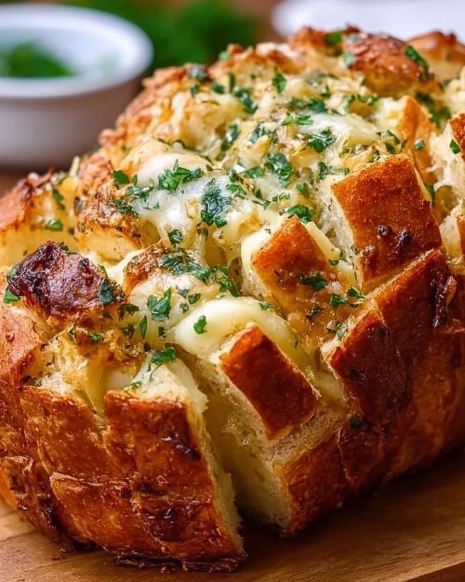 Sourdough Discard Pull-Apart Garlic Bread served on a wooden table