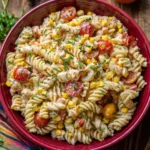 Colorful Southwest Pasta Salad with vegetables and dressing in a bowl.
