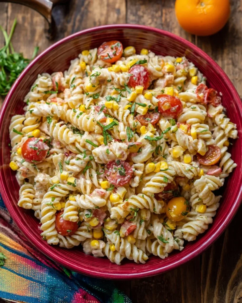 Colorful Southwest Pasta Salad with vegetables and dressing in a bowl.