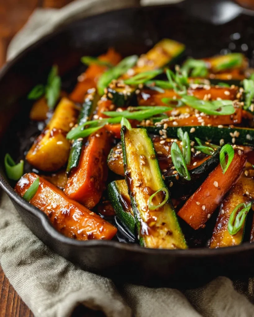 A vibrant dish of spicy Asian zucchini stir-fry garnished with herbs.