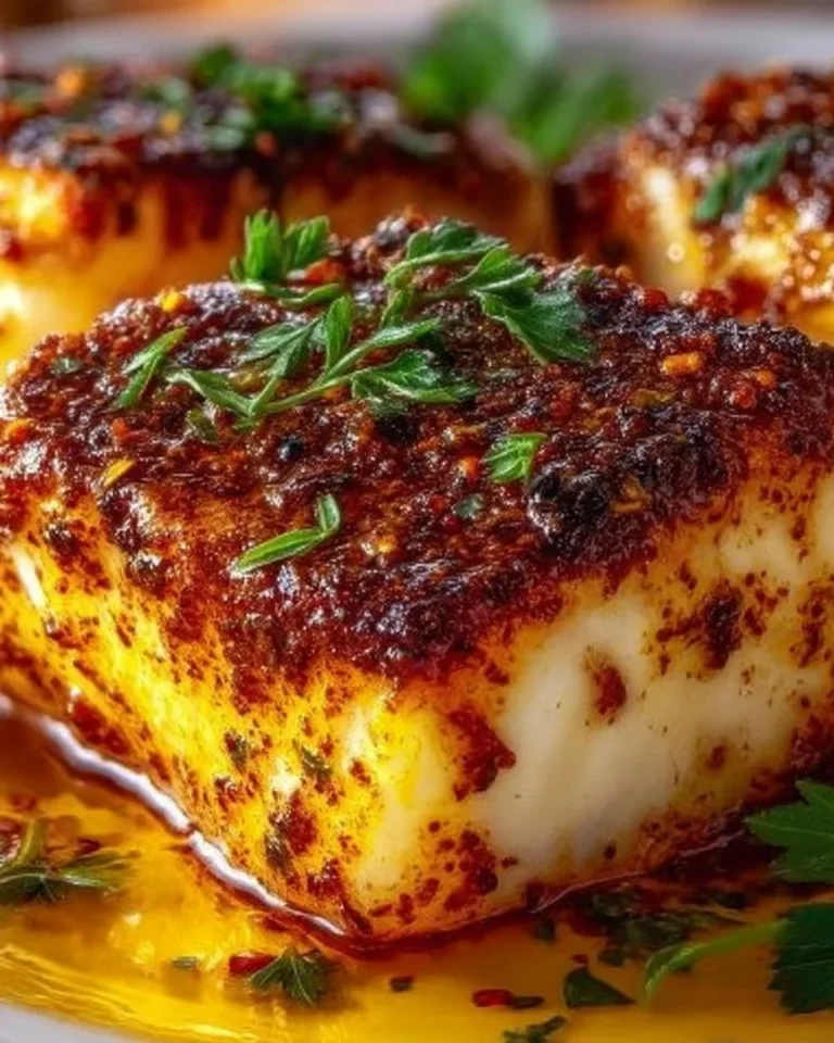 Spicy Cajun Grilled Halibut on a plate with fresh herbs and lemon wedges