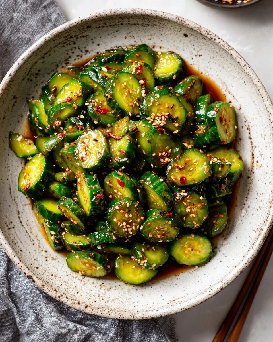 Bowl of spicy cucumber salad with fresh ingredients