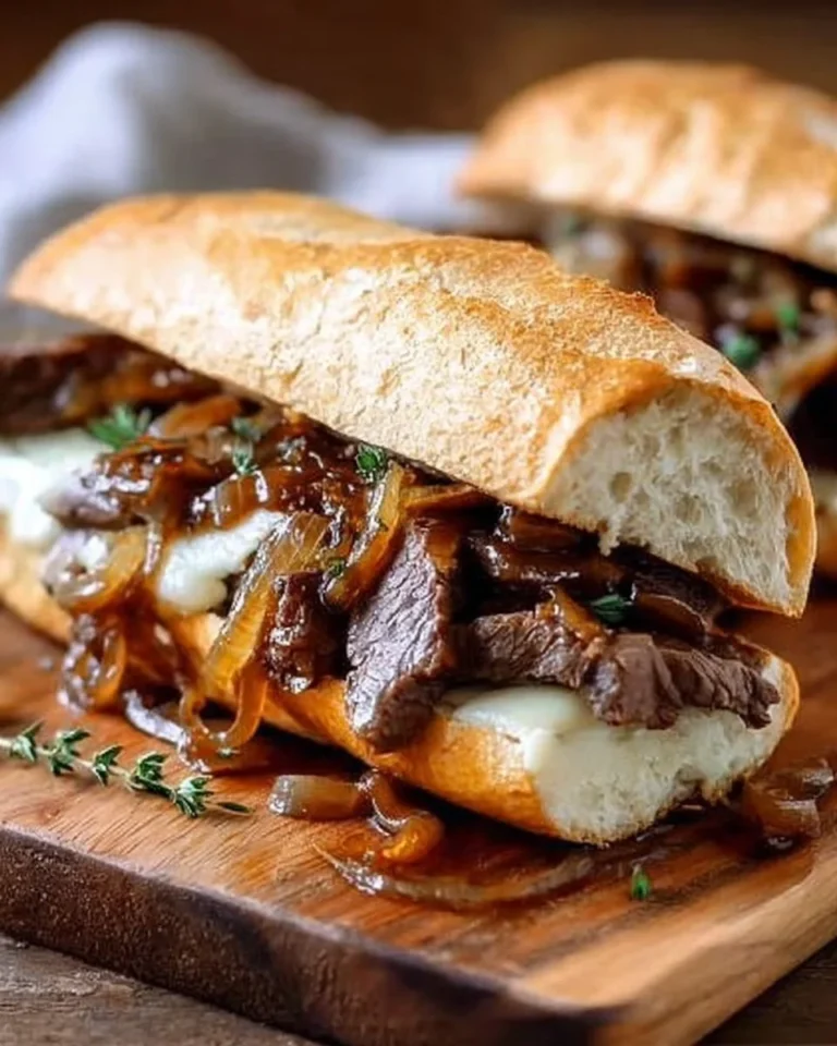 Steak sandwich with caramelized onions and provolone cheese on a wooden board.