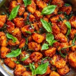 Sticky Basil Chicken garnished with fresh basil leaves and chili peppers.